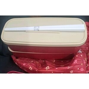 2-Tier Japanese Bento Box Set Sakura Rabbit Red w/ Bag & Chopsticks PW-28C - New